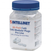 Intellinet Network Solutions Cat6 RJ45 Modular Plugs, 3-Prong, UTP, For Solid Wire, 80 Plugs, Liners and Sleds in Jar - 50 Micron Gold Plated Contacts 790536