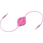 Emerge Technologies ReTrak Retractable Pink Auxiliary Cable - Mini-phone for Ultrabook, Notebook, Netbook, Camera, PDA, Digital Text Reader, Cellular Phone, Tablet, Speaker, Audio Device, iPad, ... - 5 ft - 1 x Mini-phone Male Stereo Audio - 1 x Mini-phon