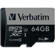 Verbatim 64GB Pro 600X microSDXC Memory Card with Adapter, UHS-I U3 Class 10 - Class 10/UHS-I (U3) - 90 MB/s Read1 Pack - 600x Memory Speed - TAA Compliance 47042