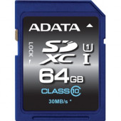 A-Data Technology  Adata Premier 64 GB Class 10/UHS-I SDXC - 50 MB/s Read - 33 MB/s Write - Lifetime Warranty ASDX64GUICL10-R
