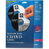Avery &reg; Removable CD Labels, Print to the Edge, Removable Adhesive, 50 Disc Labels and 100 Spine Labels (5931) - Removable Adhesive Length - Circle - Laser - White - 2 / Sheet - 50 / Pack - TAA Compliance 5931