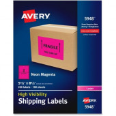 Avery &reg; High-Visibility Neon Magenta Shipping Labels for Laser Printers 5-1/2 x 8-1/2, Pack of 200 (5948) - Permanent Adhesive - 8 1/2" Width x 5 1/2" Length - Rectangle - Laser - Neon Magenta - Paper - 2 / Sheet - 200 / Box - TAA Compli