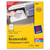 Avery &reg; Self-Adhesive Removable Laser Id Labels, White, 8.5 x 11 inches, 25 per Pack (6465) - Removable Adhesive - 8 1/2" Width x 11" Length - Rectangle - Laser, Inkjet - White - 1 / Sheet - 25 / Pack - FSC, TAA Compliance 6465