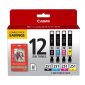 Canon (CLI-251) BK/CMY 12-Color Ink Cartridge + Photo Paper Combo Pack (Inlcudes 3 Ink Tanks of Each Color, 50 Sheets of 4"x6" PP-201 Glossy Photo Paper) - TAA Compliance 6513B010