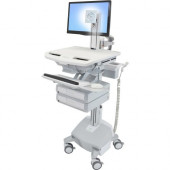 Ergotron StyleView Cart with LCD Pivot, LiFe Powered, 2 Drawers - 2 Drawer - 35 lb Capacity - 4 Casters - Aluminum, Plastic, Zinc Plated Steel - White, Gray, Polished Aluminum - TAA Compliance SV44-1322-1