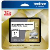 Brother P-Touch 1400 1500PC 1600 2200 2210 2300 2310 2400 2410 2430PC 2600 2610 2700 2730 Black Print on Premium Matte White Laminated Tape (24mm (0.94") Wide x 8m (26.2') Long) - TAA Compliance TZEM251