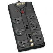 Tripp Lite Surge Protector Power Strip 120V 8 Outlet RJ11 RJ45 Coax 10&#39;&#39; Crd 3240 Joule - 8 x NEMA 5-15R - 1800 VA - 3240 J - 120 V AC Input - 120 V AC Output - Fax/Modem/Phone, Network, Cable TV/Satellite - RoHS, TAA Compliance TLP810NET