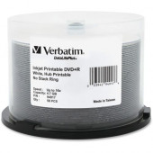 Verbatim DVD+R 4.7GB 16X DataLifePlus White Inkjet Printable, Hub Printable - 50pk Spindle - Inkjet Printable - TAA Compliance 94917