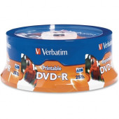 Verbatim DVD-R 4.7GB 16X White Inkjet Printable, Hub Printable - 25pk Spindle - White Inkjet Printable, Hub Printable - 25pk Spindle - TAA Compliance 96191