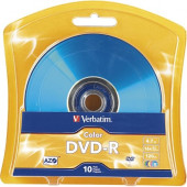 Verbatim AZO DVD-R 4.7GB 16X Vibrant Colors - 10pk Blister, Assorted - 120mm - 2 Hour Maximum Recording Time - TAA Compliance 97513